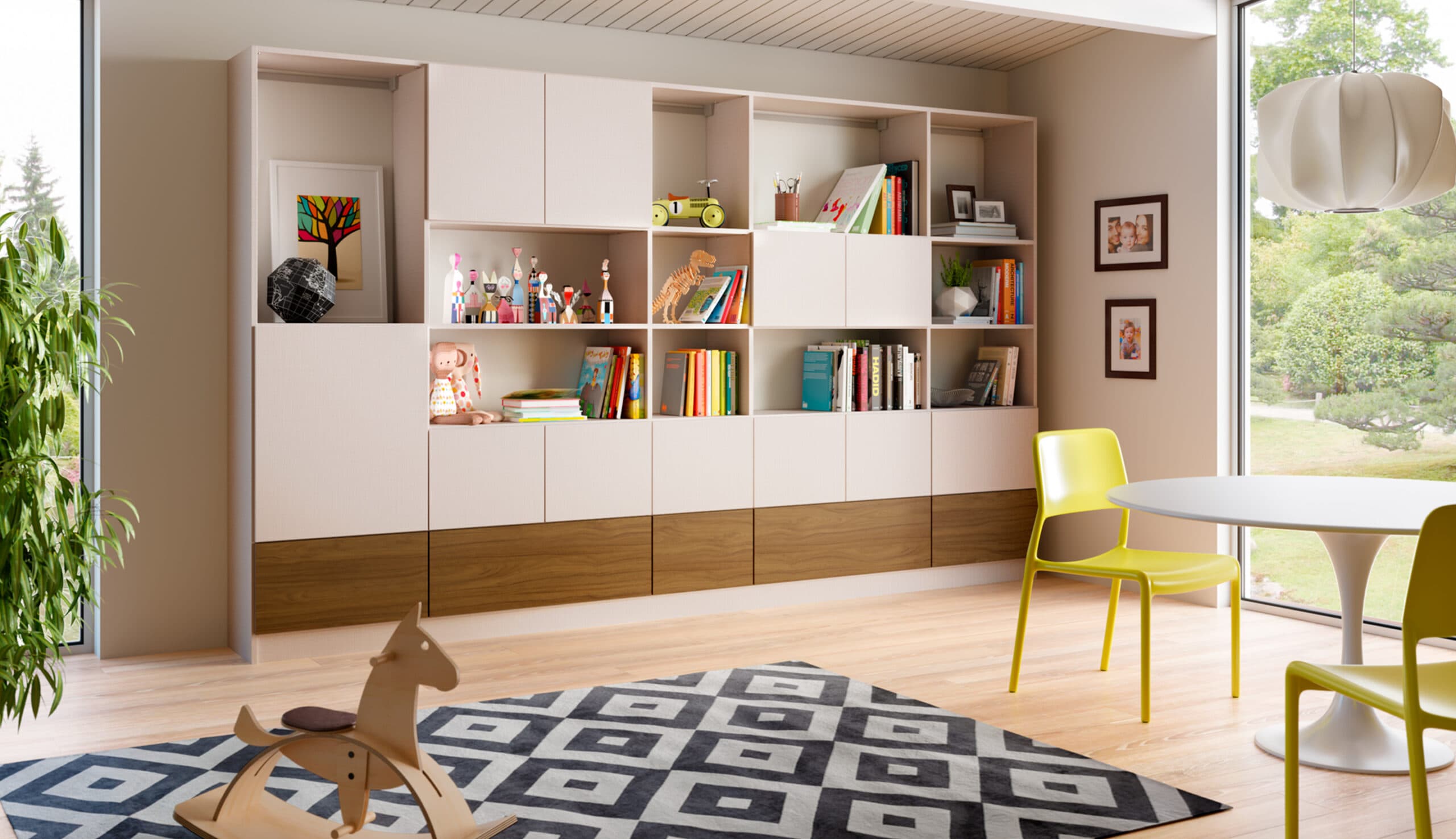 After playroom area redesign with built in cabinets for toys installed by California Closets