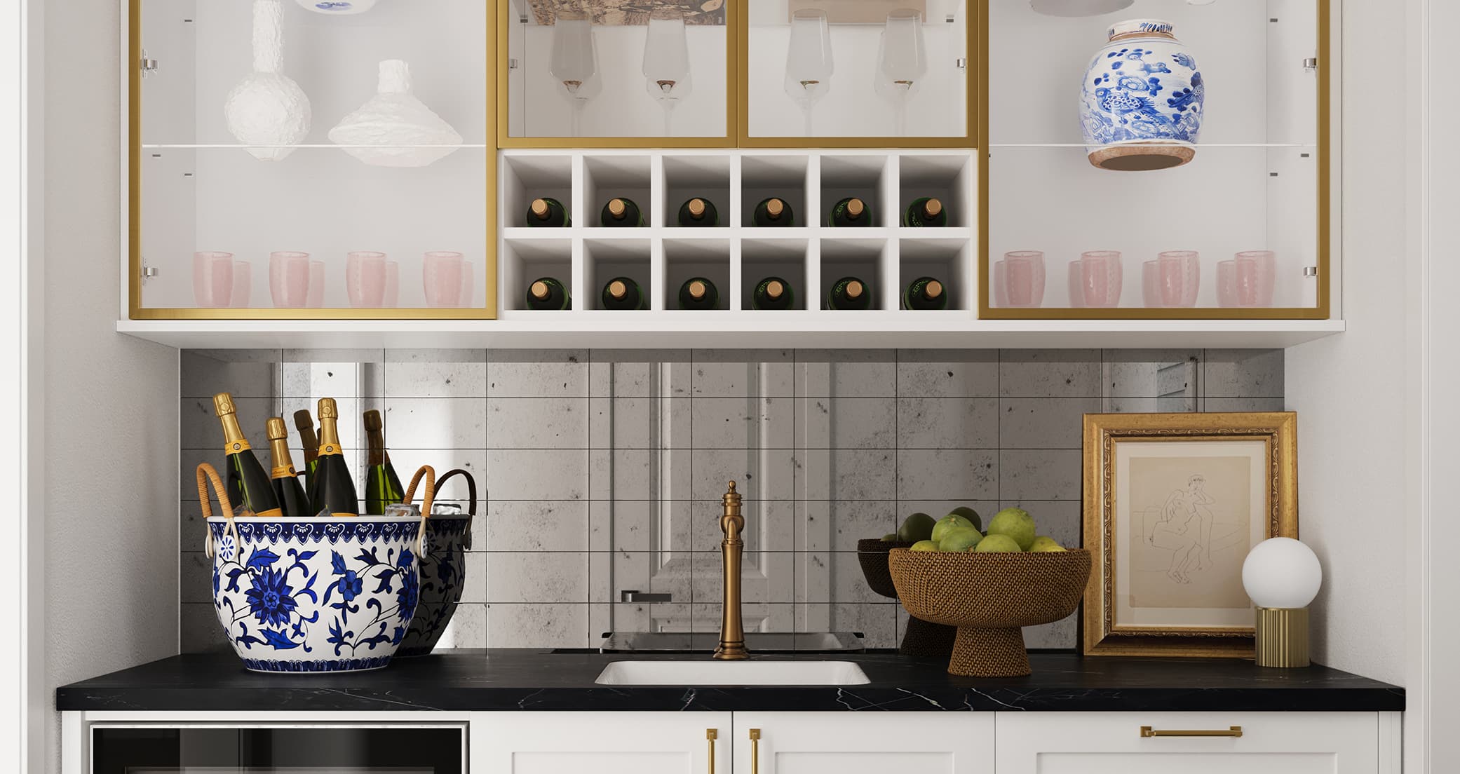 Home Entertainment Space with Wine Bar, Prep Counter, Glass Shelving and Storage Cabinets by California Closets.