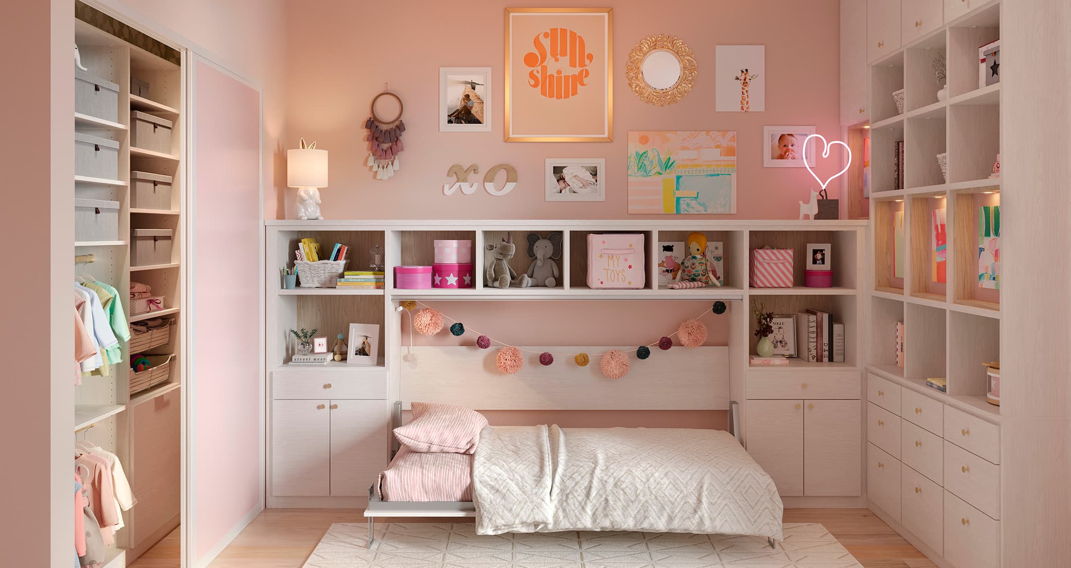 Kids twin murphy wall bed with custom storage cabinets and shelving built in by California Closets