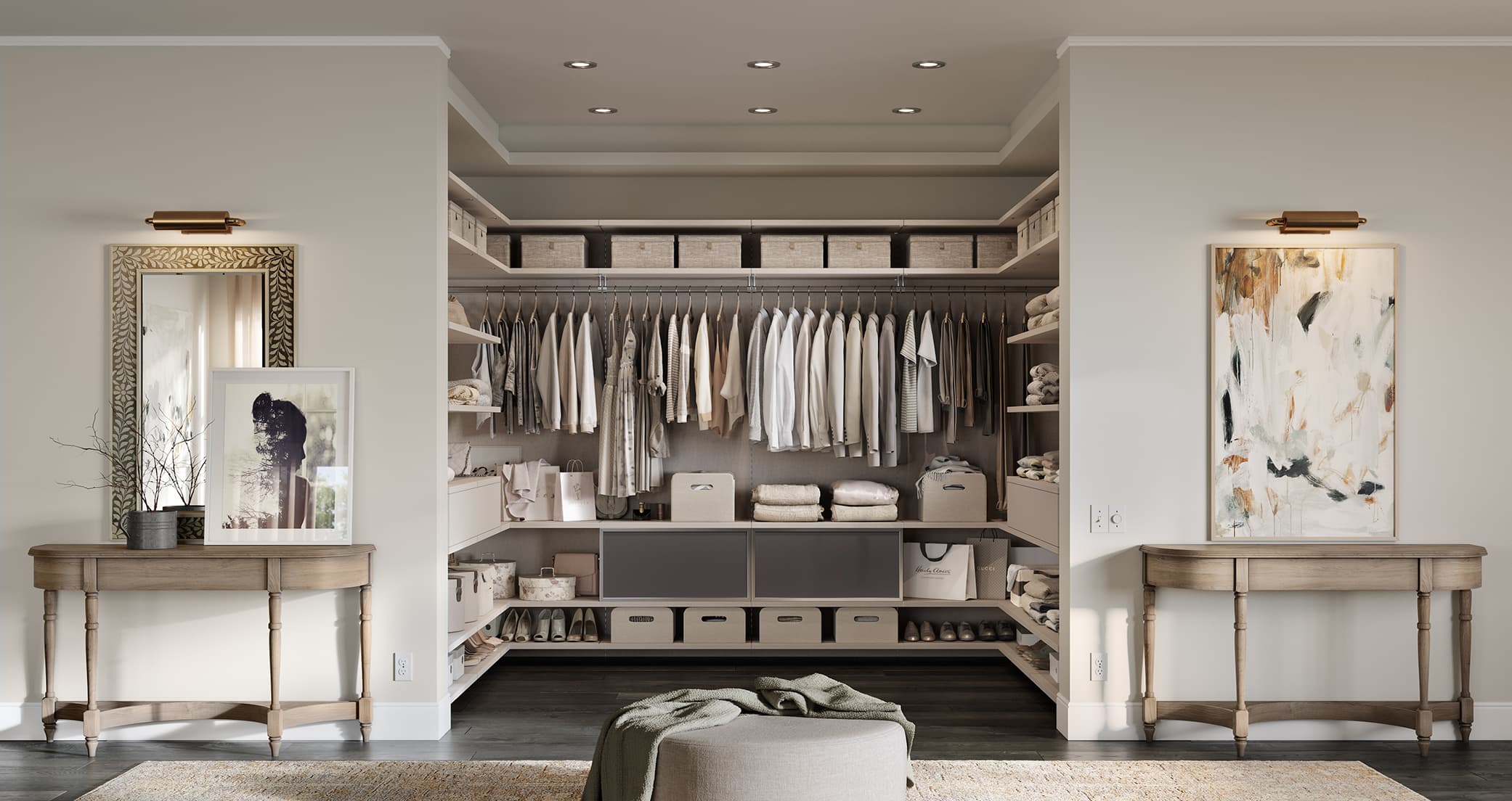 A u-shaped walk in closet design with floating shelves and hanging rods in light wood grain finish by California Closets