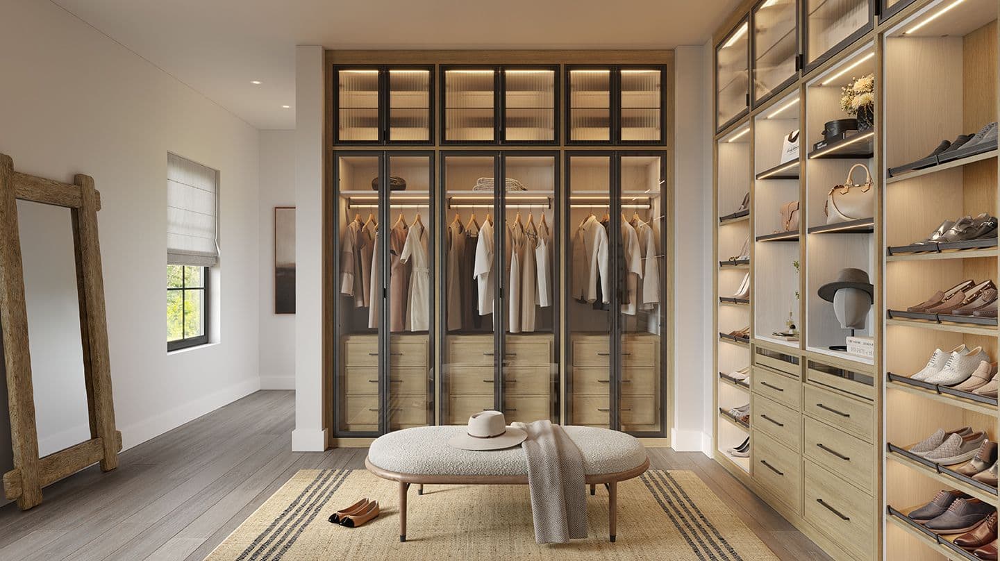 Custom shelves design with led lighting and natural wood finish by California Closets