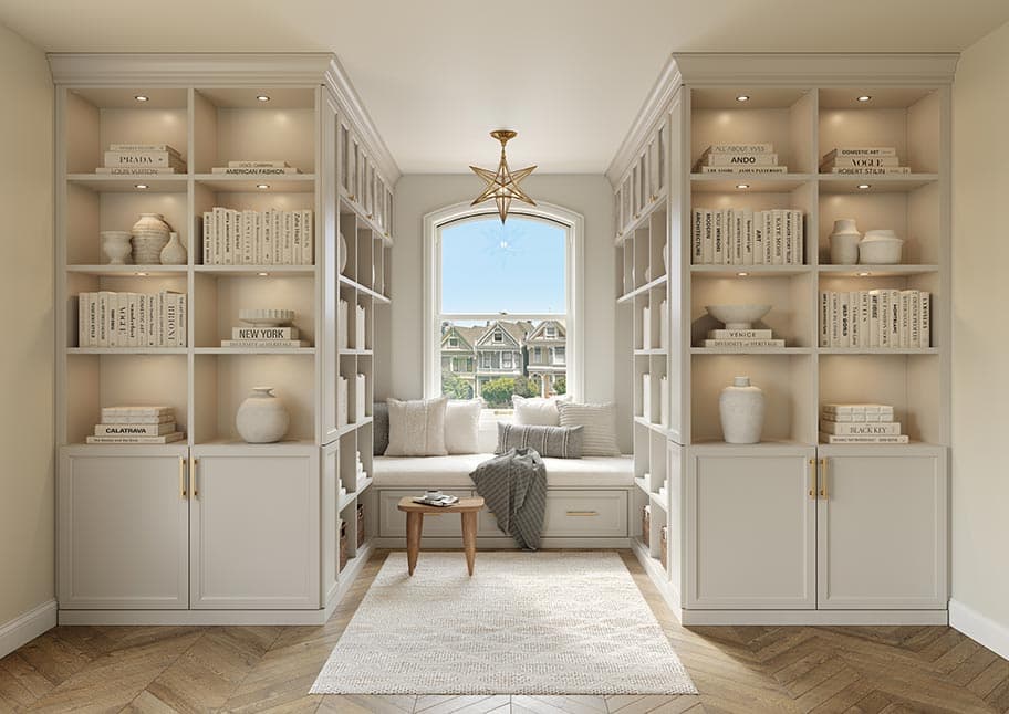 Library bookcases in a modern design for custom closet designed by California Closets