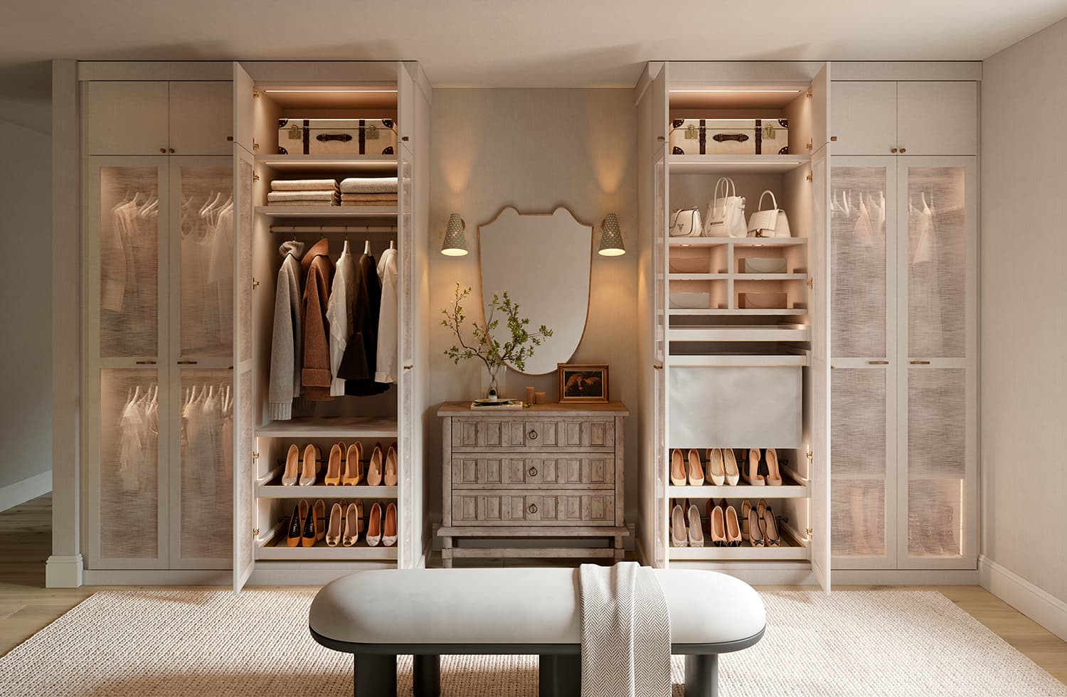Jeremiah Brent inspired walk in closet design with shoe shelves and vanity by California Closets