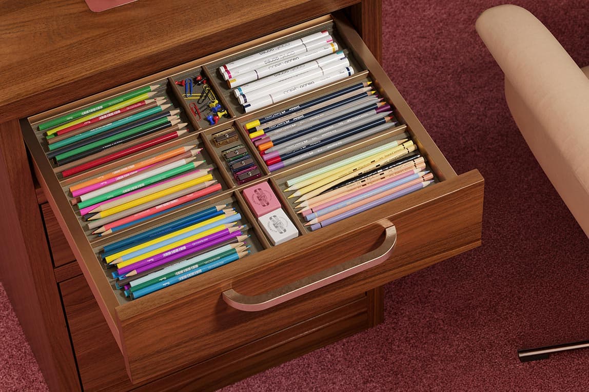 Office built in drawer design in a dark wood finish by California Closets