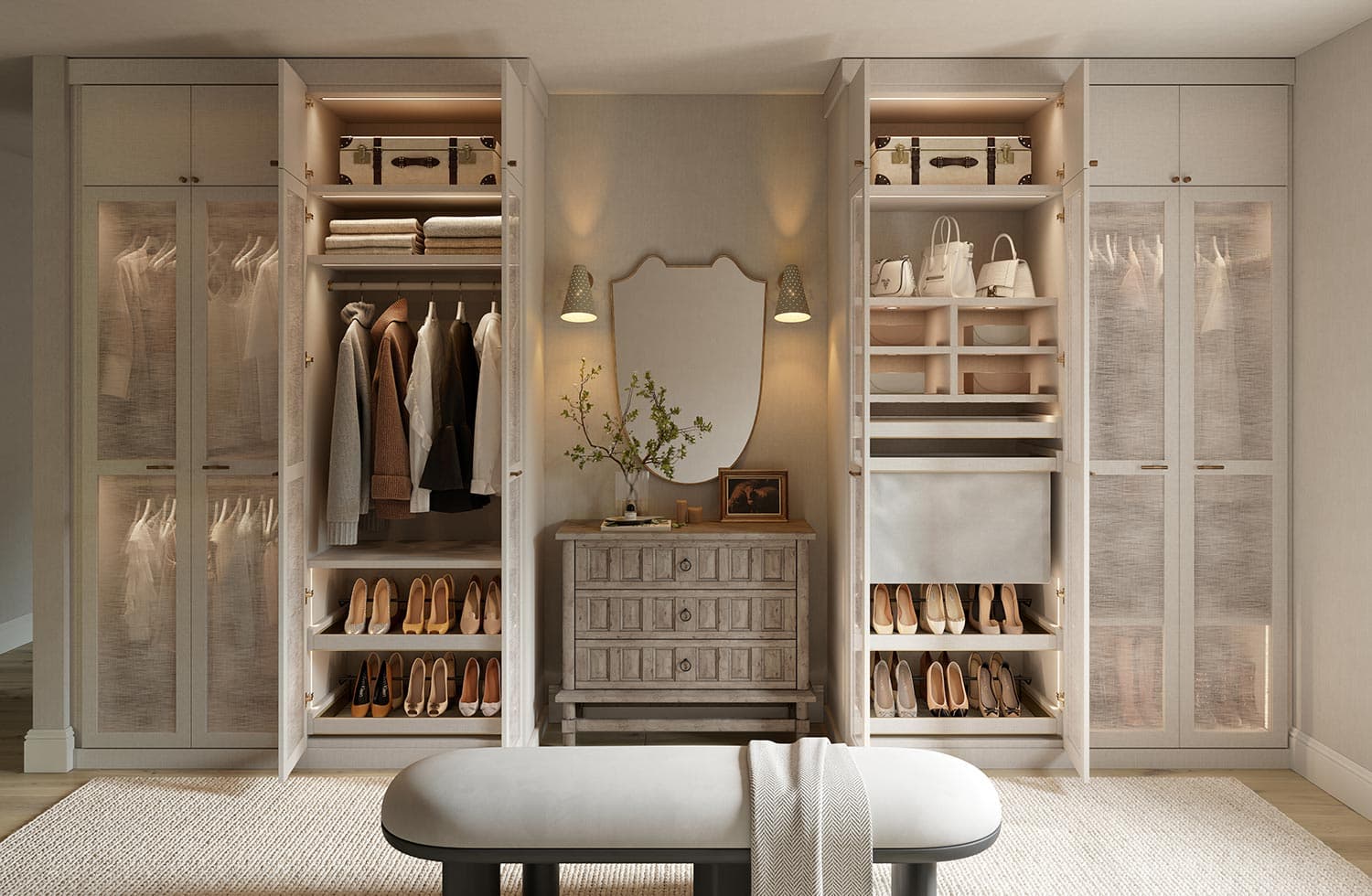 White finish and ecoresin closet door design by Jeremiah Brent for California Closets