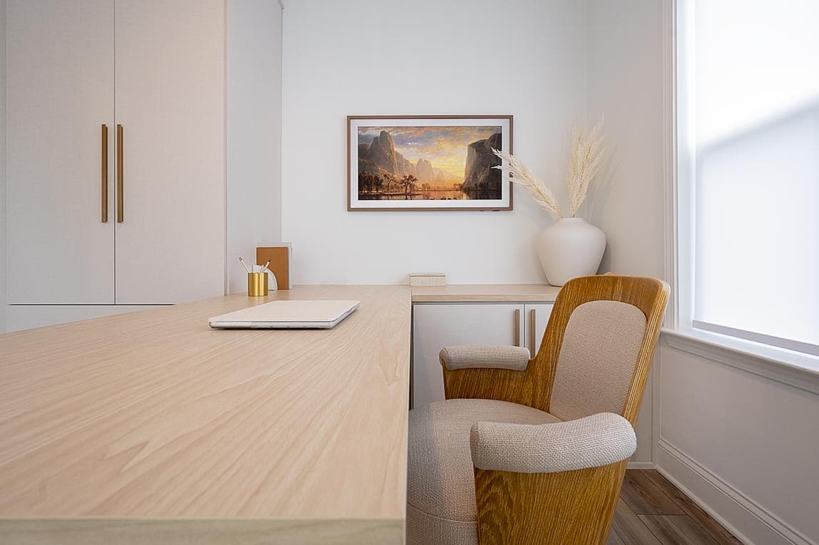 Custom built desk for home office or craft room with wood countertop by California Closets