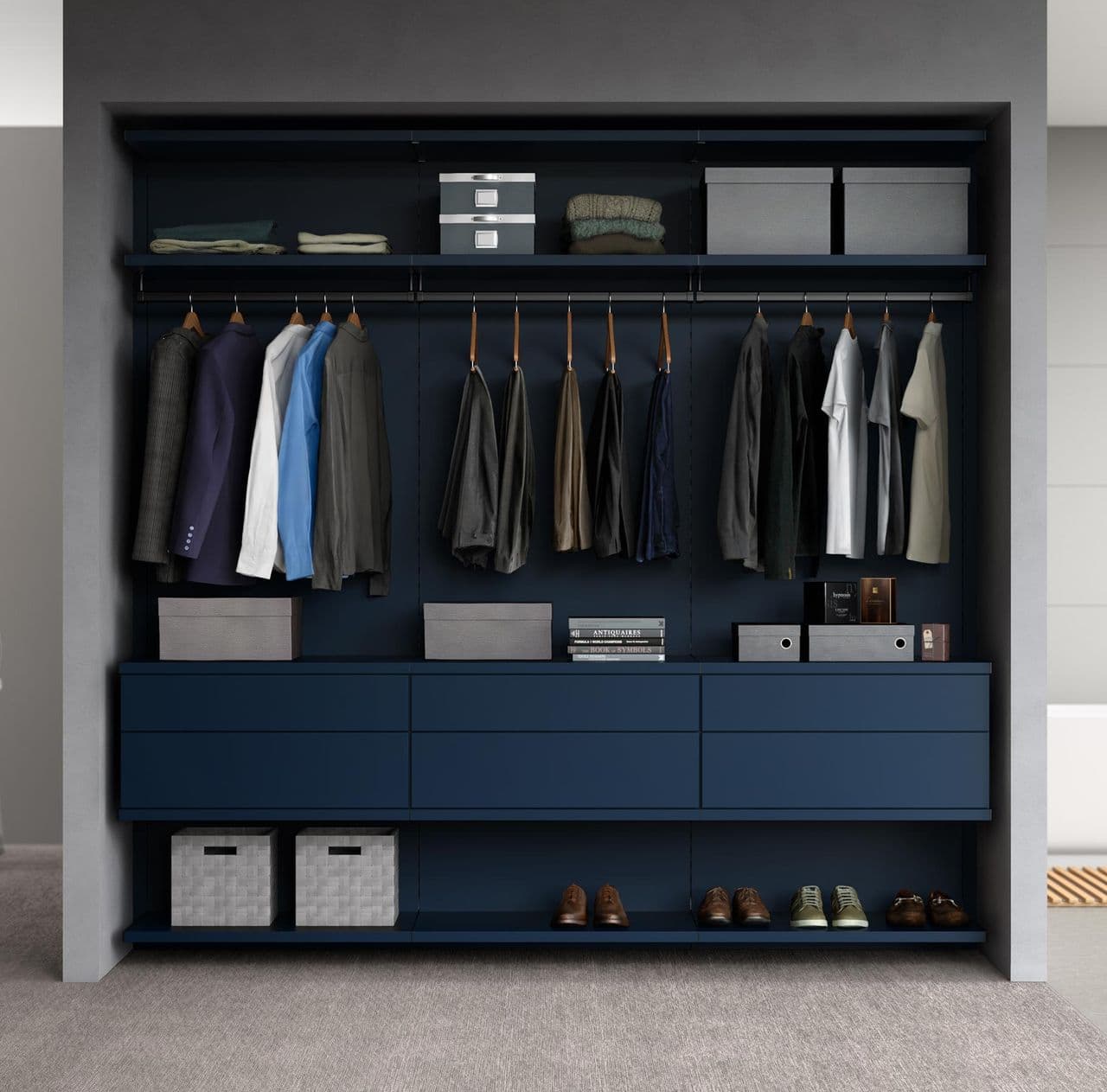 Custom reach in closet in a navy matte finish made by California Closets.