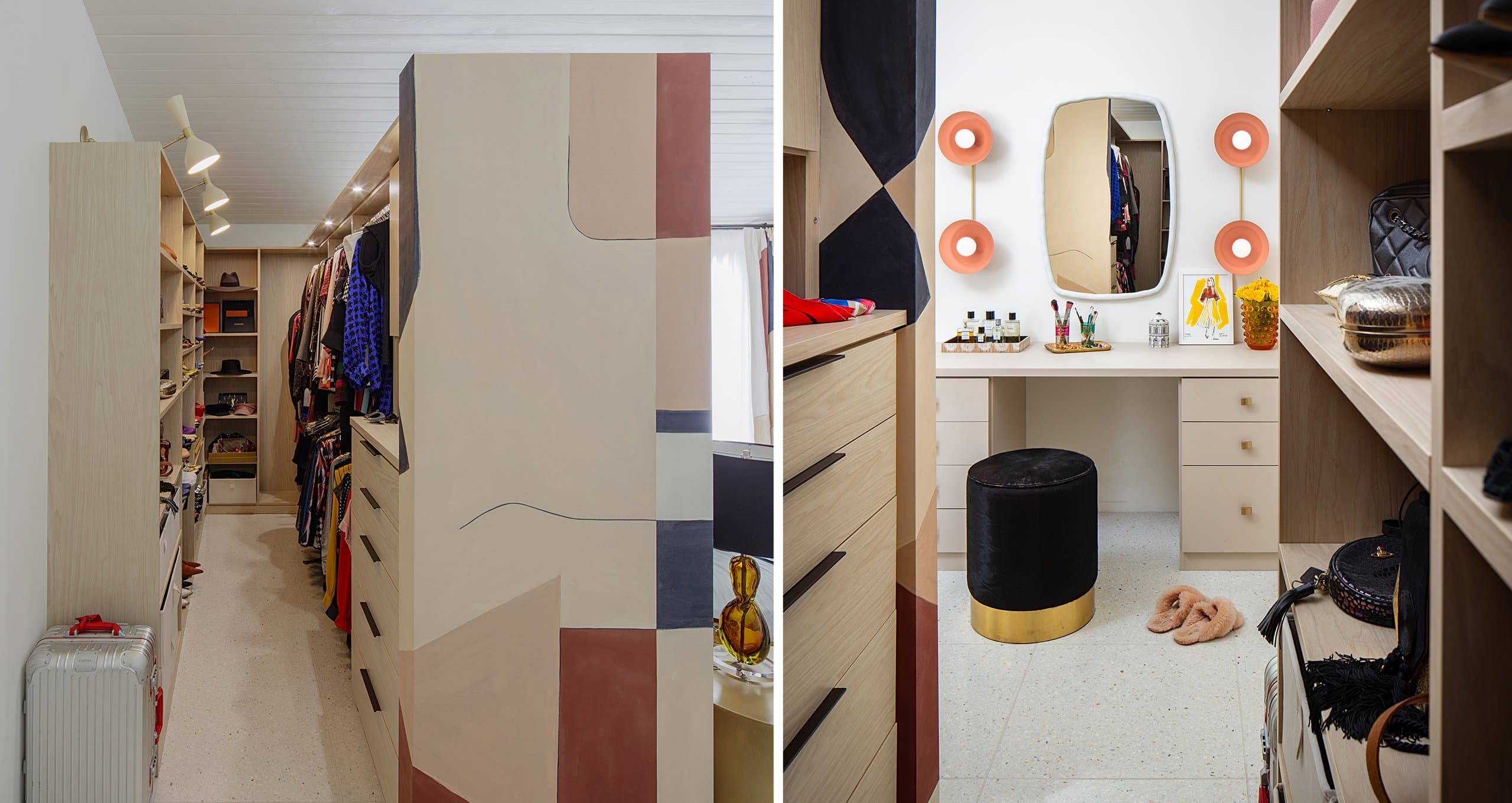 Guns N' Roses, walk in closet with custom cabinets, drawers and vanity in a multi-patterned wood grain finish by California Closets